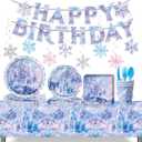 Winter Wonderland Party Tableware Set,Blue and Purple Snowflake Castle Plates,Disposable Snowflake Tableware Set,For Christmas Winter Wonderland Birthday Party Decorations