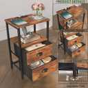 Sthmec Rustic Brown Industrial Nightstand Set of 2, Bedside Table with 2 Fabric Drawers, 3-Tier Storage, LED Light, Charging Station, 11.38''D * 15.38''W* 24.75''H
