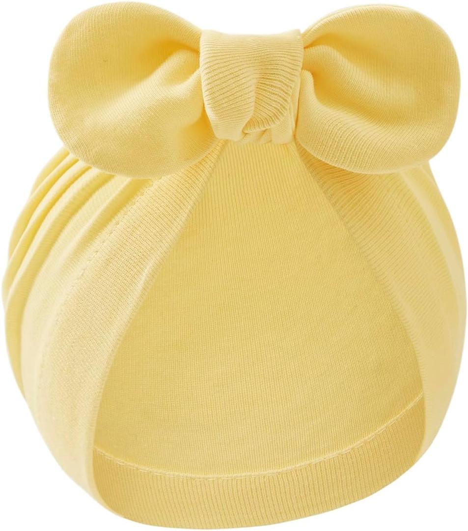Century Star Newborn Hat for Baby Girls Infant Toddler Soft Hospital Hats Beanie Baby Turbans Head Wrap with Bow Cap (Yellow)
