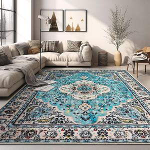 VFROO Area Rug 6x9 Washable Living Room Rug, Vintage Soft Boho Non-Slip/Non-Shedding Print Floor Carpet for Dining Room, Bedroom-Blue