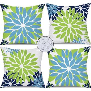 DFXSZ Green Blue Flower Pillow Covers 20x20 Inch Set of 4 White Blue Colored Throw Pillows Outdoor Waterproof Decor for Living Room Sofa Patio Funiture Garden Floral Linen Cushion Case 008B