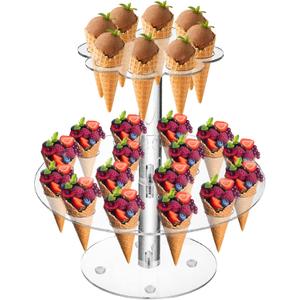 Hacaroa Acrylic Ice Cream Cone Holder, 24 Holes Waffle Sushi Hand Roll Stand Double Layer Cone Display Stand, Clear Food Display Stand Rack for Birthday Parties, Weddings, Christmas, Flower Shape