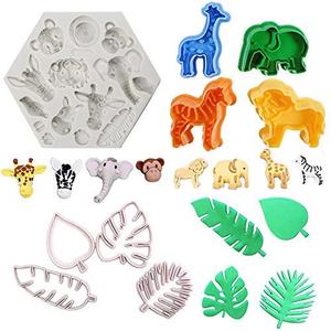 9Pcs/Set Jungle Safari Animal Cake Fondant Mold with Tropical Leaf Cookie Cutter, Hawaiian Palm Leaves Sugar Craft Cutters for Jungle Animals Brithday Party Cake Cupcake Decorations Tools