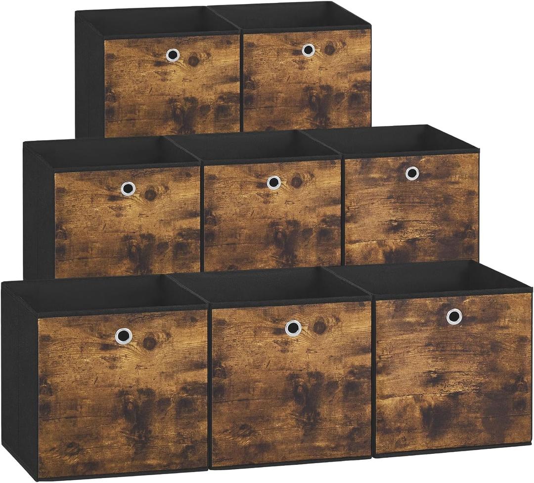 SONGMICS Storage Cubes, Set of 8 Storage Bins, Foldable Fabric Storage Boxes, 10.2 x 10.2 x 11 Inches, Fit Cube Storage Unit, for Clothes, Bedroom, Living Room, Rustic Brown and Ink Black URFB826B01