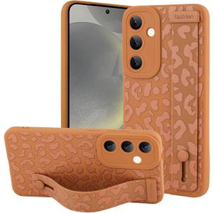 OOK Compatible with Samsung Galaxy S24 Plus Case with Wrist Strap, Leopard Silicone Shockproof Protective Slim Anti-Scratch Cheetah Cover for Women Girls, Brown