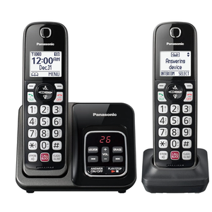 Panasonic Cordless Phone with Answering Machine, Advanced Call Block, Bilingual Caller ID and HighContrast Display, Expandable System with 2 Handset Cordless Telephones  KXTGD832M (Metallic Black)