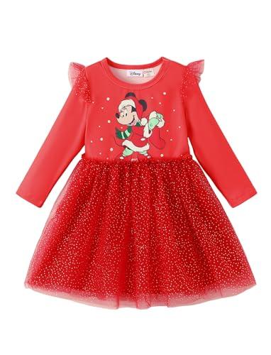 Disney Mickey and Friends Toddler Girl Dress Ruffle Tulle Long Sleeve Little Girls Tutu Dresses Sparkly Polka Dot Birthday Party Gift Mesh Fall Clothes Casual Outfit Christmas Costume Red 5-6 Years