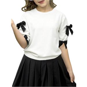 Verdusa Girl's Bowknot Side Tee Shirts Coquette Half Sleeve Crew Neck Summer Tops (White), Size: 8Y