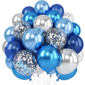 2 x Blue Silver Balloons Set, 12 Inch Blue and Silver Balloons Dark Navy and Confetti Party Latex Balloon, Macaron Metallic Baby Blue Mixed Balloon for Birthday Graduation Baby Shower Wedding Retirement