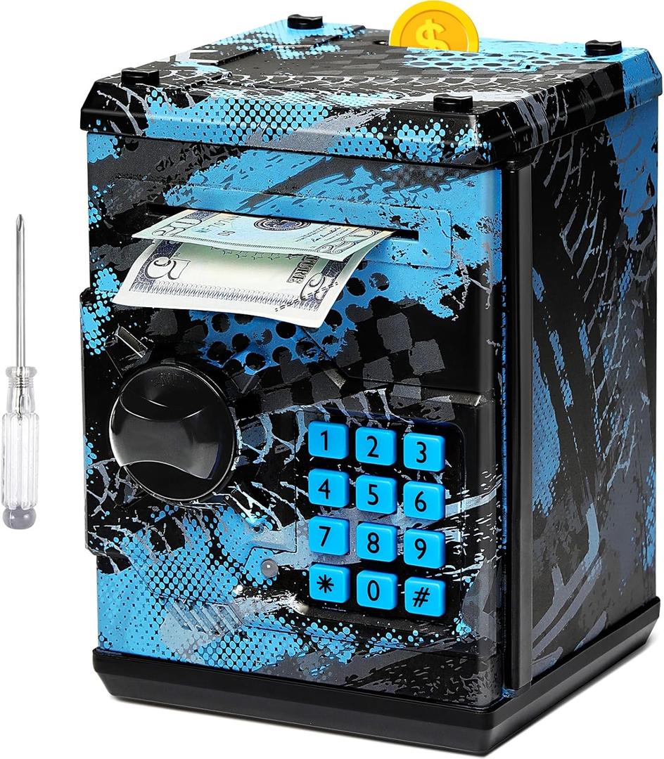 ATM Piggy Bank for Boys Girls, Vcertcpl Mini ATM Coin Bank Money Saving Box with Password, Kids Safe Money Jar for Adults with Auto Grab Bill Slot, Great Gift Toy Bank for Kids (Large, Blue)