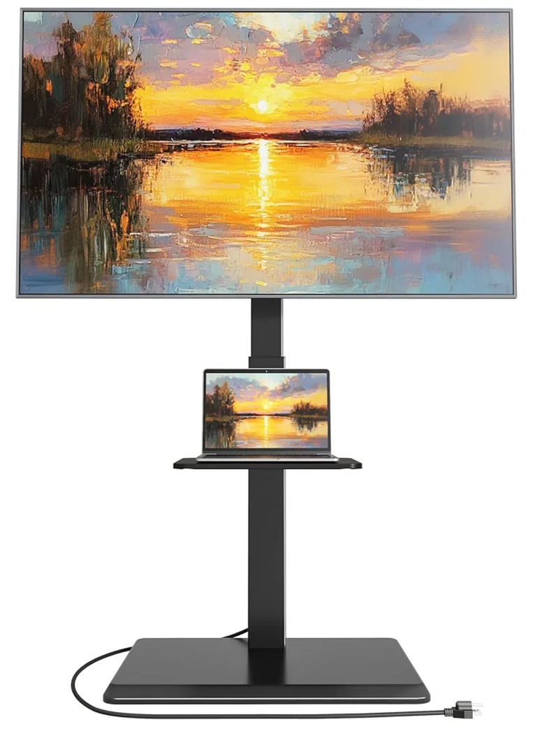 Steel Base Floor TV Stand with Power Outlet for 32-75 inch TVs up to 110 lbs, Leveling & Tilt & Swivel TV Stand with Hidden Wire Management, Height Adjustable TV Stand with Steel Shelf, Black