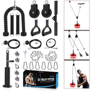 Concho Weight Pulley System, Upgraded Cable Pulley System Gym with Adjustable Weight Cable&Detachable Handles, Workout Pulley System for LAT Pulldown Triceps Biceps Curl Chest Home Gym Attachments (black)