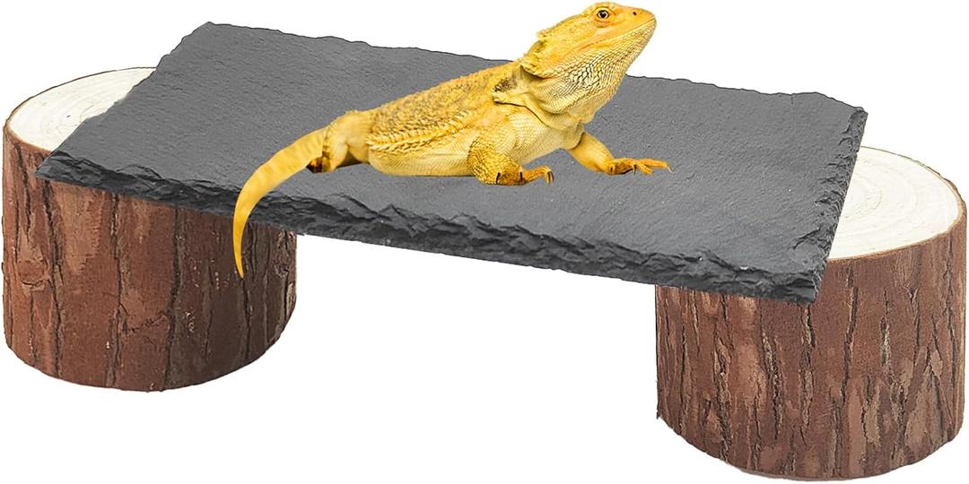 Bearded Dragon Basking Platform,Reptile Heat Storage Slate Stone with Wooden Pile,Gecko Climbing Slate Stone and Hide Caves,Turtle Basking Rock for Lizards Snakes Chameleon,Tortoise,8x4x2.4 inch