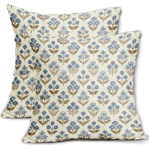 Brown Blue Floral Block Print Pillow Covers 18x18 Inch Set of 2, Vintage Flower Pattern Decorative Throw Pillowcases Outdoor Farmhouse Cushion Covers Spring Summer Rustic Sofa Couch Bed Decor