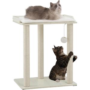 FourFurPets 26.7in Large Cat Tree Tower Condo, Cat Scratch Posts for Indoor Cats, Big Plate, Three 23.6in Full Sisal Scratching Posts, White