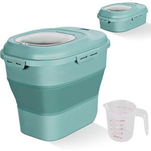Cereal Rice Food Storage Containers, Collapsible 20 to 50 Lbs Dispenser Bin with Rolling Wheel Airtight Locking Lid, Dog Pet Cat Flour Sugar Plastic Leakproof Sealable Large Kitchen Pantry Holder