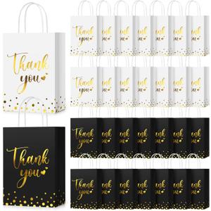 PerKoop 60 Pcs Thank You Gift Bags Bulk Paper Gold Thank You Wedding Bags with Handle for Business, Shopping, Wedding, Baby Shower, Party Favors (Black and White) (Classic)