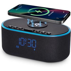 Wireless Charging Alarm Clock Radio: Qi Certified Fast Wireless Charger for iPhone Samsung - 10W Stereo Bluetooth Speaker - Dimmable Digital Clock with FM Radio for Bedroom Black