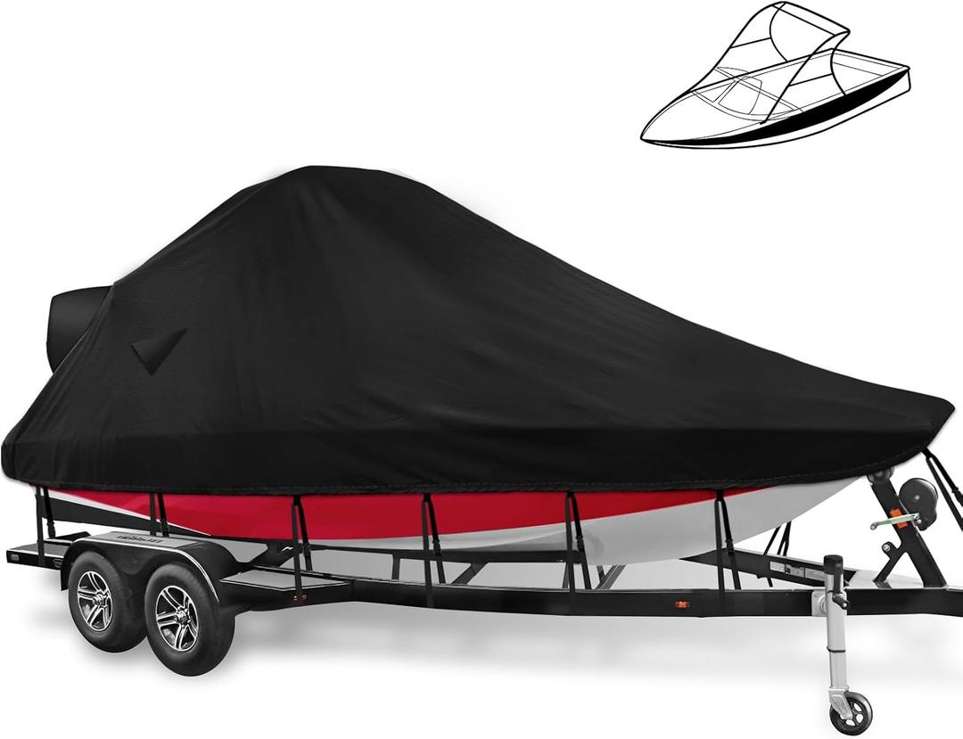 Wake Tower Boat Cover, Wakeboard Tower Boat Cover - 900D Marine Heavy Duty Waterproof Boat Cover, Fits V-Hull Bow Runabout Ski Boats, 23-25ft, Black