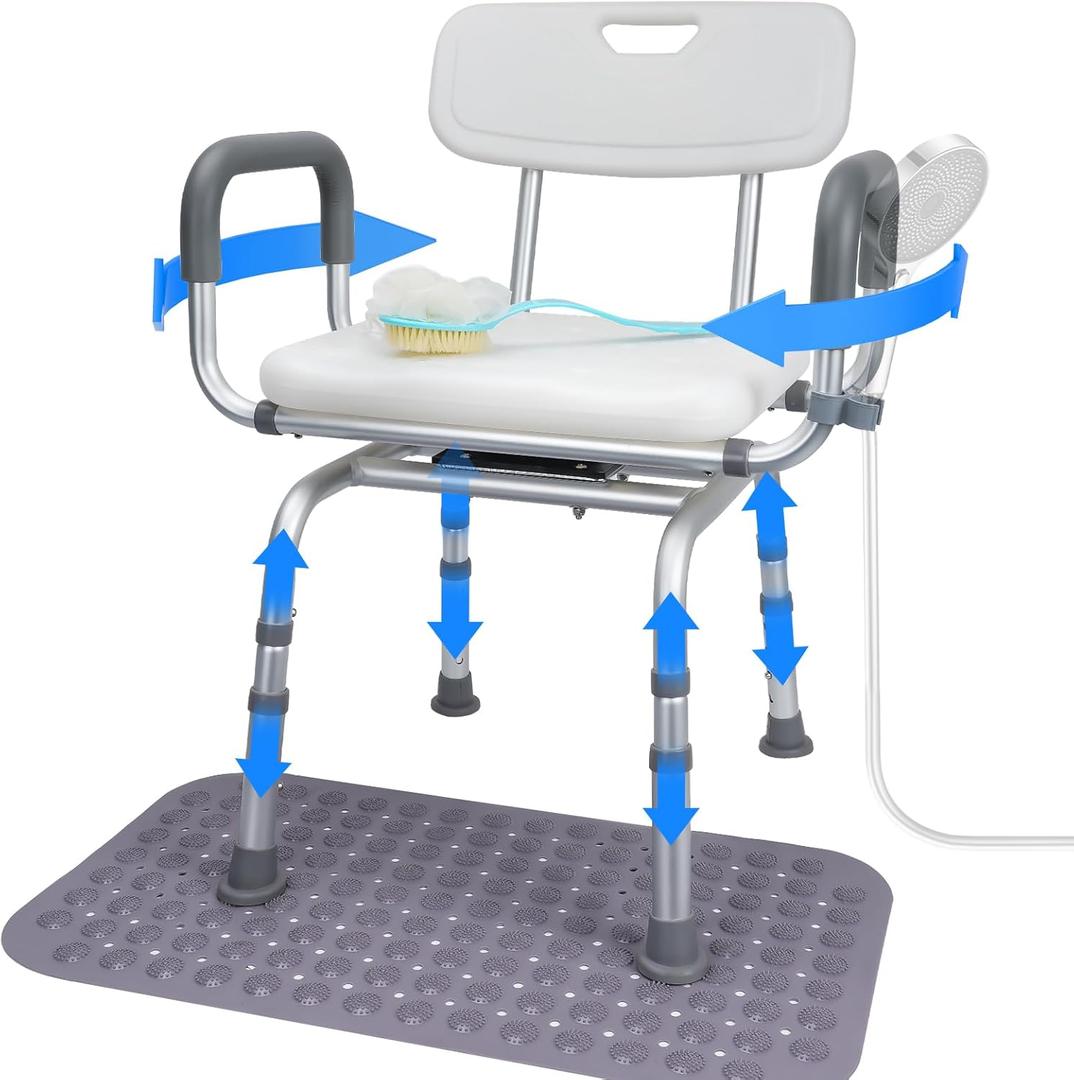 LUNYEE 360 Swivel Shower Chair for Elderly and Disabled Support 400lbs Non-Slip Sliding Shower Chair for Inside Shower with Bath Rug & Back Scrubber Bath Chairs for Seniors Tub with Arms and Back