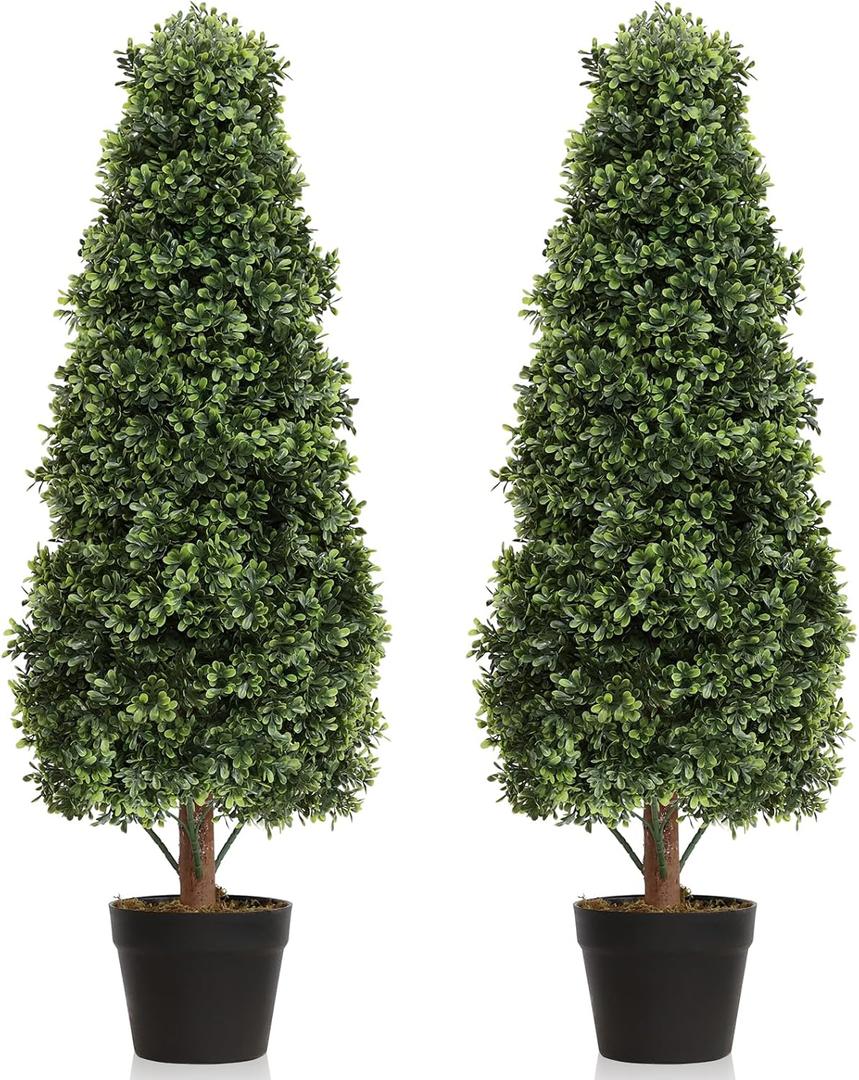 Damomo 3ft Topiary Trees Artificial Topiaries Boxwood Trees Outdoor Faux Shrub 2 Packs with Black Pot, Fake Bushes Potted Green Plants Decorative Indoor Porch or Garden（35inch）