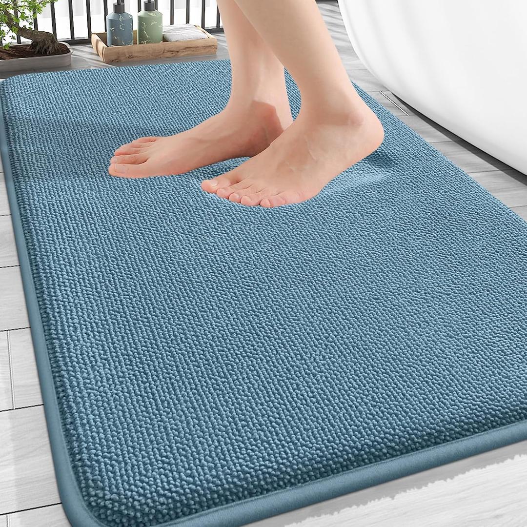 OLANLY Thick Memory Foam Bathroom Rugs 32x20, Absorbent Bath Mat, Airy Blue