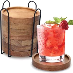 Rustic Wooden Coasters Set of 8 Farmhouse Coffee Table Decor Acacia Wood Drink Coaster with Holder Modern Outdoor Bar Cool Cup Costers Kitchen Accessories Decoration Home Dining Coasters Gift