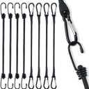 8-Pack Bungee Cords with Hooks & Carabiners - 24 Inch Bungee Rope (4 Hooks + 4 Carabiner Clips) - Heavy Duty Elastic Stretch Cords for Kayaking, Camping, Truck, Tarp, Gear Tie Down - Black