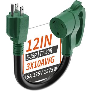 PlugSaf 12 inch RV 30 Amp to 110 Adapter, 10/3 Gauge Heavy Duty RV Electrical Adapter for Camper 1 FT, NEMA 5-15P to NEMA TT-30R, STW 10AWG 15A 125V 1875W, Green-Black, ETL Listed