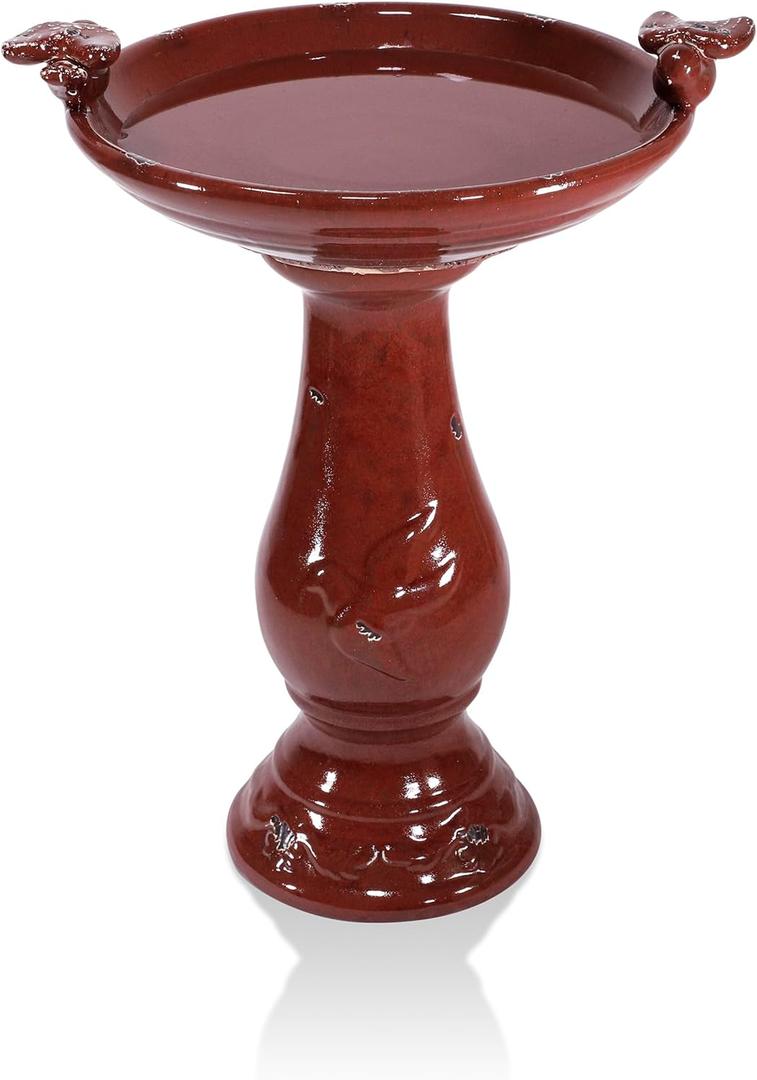 Alpine Corporation 25" Tall Outdoor Ceramic Antique Pedestal Birdbath with 2 Bird Figurines, Red