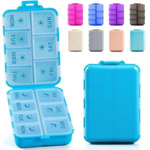 New Foldable & Double Protection Portable Weekly Pill Organizer 2 Times A Day with Etched Labels, AM PM 7 Day Week Medicine Box, Daily Travel Pill Case Holder Dispenser for Vitamin, Supplement - Blue