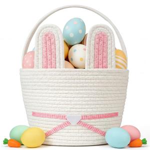 Easter Basket, Woven Easter Bunny Basket with Handle, Empty Gift Baskets Easter Egg Hunt Basket, First Easter Basket Easter Bucket with Detachable Ears for Girls Boys Teens (Pink White)
