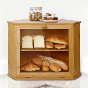 Bamboo Corner Bread Box for Kitchen Countertop - Double Layer Bread Storage with Clear Window, Natural Wooden Bread Keeper Organizer for Homemade Bread, Under Cabinet Mount, Fits Countertop & Pantry