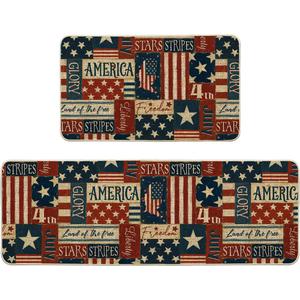 Artoid Mode Plaid American Flag Stars Freedom Glory Patriotic 4th of July Kitchen Mats Set of 2, Memorial Day Home Decor Kitchen Rugs for Floor - 17x29 and 17x47 Inch
