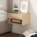Nathan James Jackson Wall Mounted Floating Bedroom Nightstand with Storage Drawer and Modern Open Shelf Cubby, Light Oak Wood