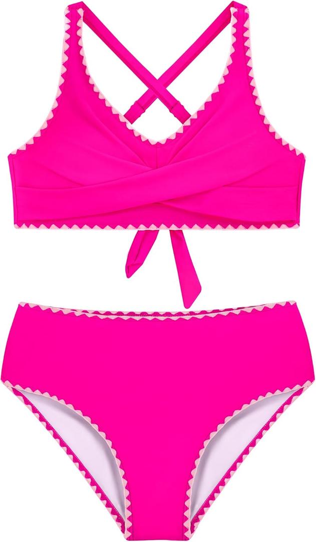 HOZIY Teen Bathing Suits Girls Bikini Sets Junior Contrast Trim Crisscross Tie Back Swimsuits Kids Beach Swim Suit Swimwear Hot Pink, 15-16 Years