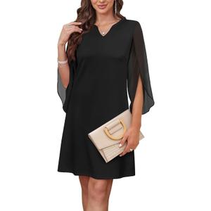 RUMIA Cocktail Dresses for Women Chiffon Sleeve Wedding Guest Dress  (Black, L)
