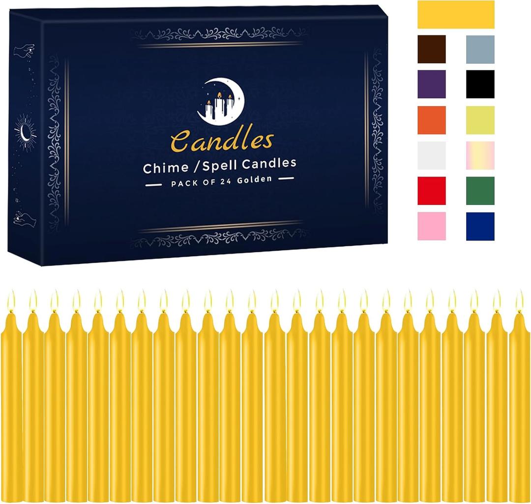 24 Pack Golden Spell Chime Candles  Premium Mini Unscented Taper Candles for Rituals, Prayer, Birthdays, Meditation, Altar, Spells, Chime Candles - 4 Inch Tall - Ideal for Witches
