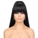 G&T Wig Yaki Drawstring Ponytail Extension with Bangs - Long Yaki Straight Clip in Ponytails Extension for Black Women Synthetic Hairpiece for Daily Party Use (1B, 24 inch)
