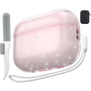 Valkit Compatible AirPods Pro Case Clear, Soft TPU AirPods Pro Case Protective Cover with Cleaning Pen Shockproof for AirPods Pro 2nd/1st Gen 2023/2022/2019 (Glitter Pink)