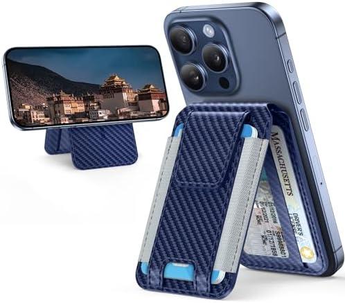 Miracase Magnetic Wallet for Men/Women, Adjustable Stand & Safety Flap, Compatible with MagSafe Wallet, 3 Slots, 6-8 Card Holder for iPhone 16/15/14/13/12 Series, RFID Blocking, Blue Carbon Fiber