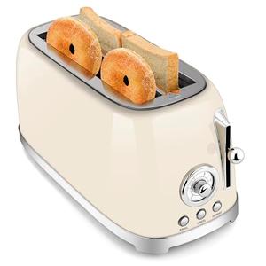 SUSTEAS Toaster 4 Slice Wide Slot, Stainless Steel Bread Bagel Toasters, Retro Long Slot Tostadora for Defrost, Reheat, Removable Crumb Tray, 1500W, 6 Browning Settings, Beige