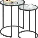 Yaheetech Round Nesting End Table Set of 2,Stacking Side Tables,Coffee Tables Set w/Metal Frame & Glass Top & Protective Foot Pads for Small Space, Living Room, Office- Black