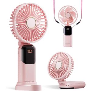 GOCKERA Portable Fan, 4200mAh Battery Operated Fan, 5 Speeds&Digital Display, Makeup Fans for Women with Base, 180Foldable 3in1 Handheld/Neck/Desk Fan for Outdoor Indoor,Ultra Quiet (Pink)