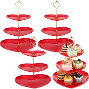 Layhit 4 Pack Valentines Day 3 Tier Cupcake Stand Heart Shaped Serving Trays for Party Plastic Dessert Cupcake Stand for Tea Party Baby Shower Wedding(Red)