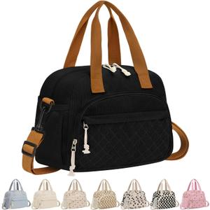 Corduroy Insulated Lunch Bag for Women Teen Girls, Portable Adult Lunch Box, Reusable Tote Cooler Bags, Lightweight Womens Lunch Bags with Front Pockets for Work School Picnic Travel, Black