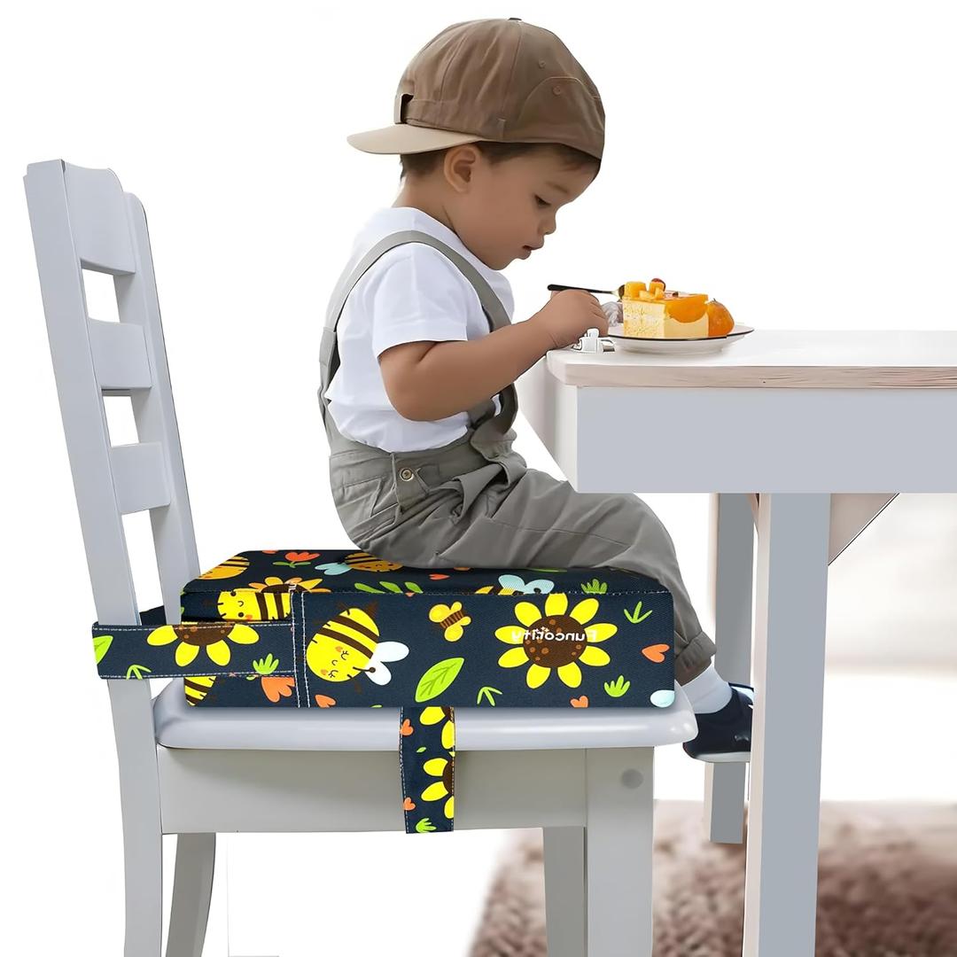 Toddler Booster Seat for Dining Table, Portable Booster Seat for Kitchen Chair, 4 Inch High-Density Foam Cushion with Adjustable Safety Straps and Non-Slip Bottom, Perfect for Kids Travel and Daily (Black-Insect)