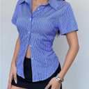 SweatyRocks Women's Striped Short Sleeve Button Down Shirts Business Work Fitted Collared Blouse (Blue, S)
