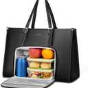 MATEIN Laptop Tote Bag with Insulated Lunch Compartment, 15.6 Inch PU Leather Briefcase with Leakproof Lunch Box Pocket for Women, Convertible Lightweight Computer Work Bag Handbag for Office, Black
