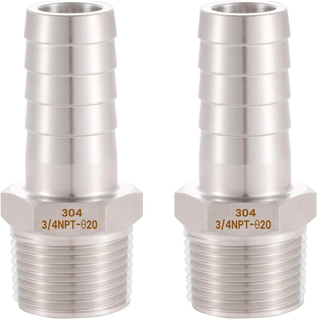 304 Stainless Steel 3/4" Hose Barb to 3/4" Male NPT Home Brew Fitting Water Fuel Air lead-free (Pack of 2)